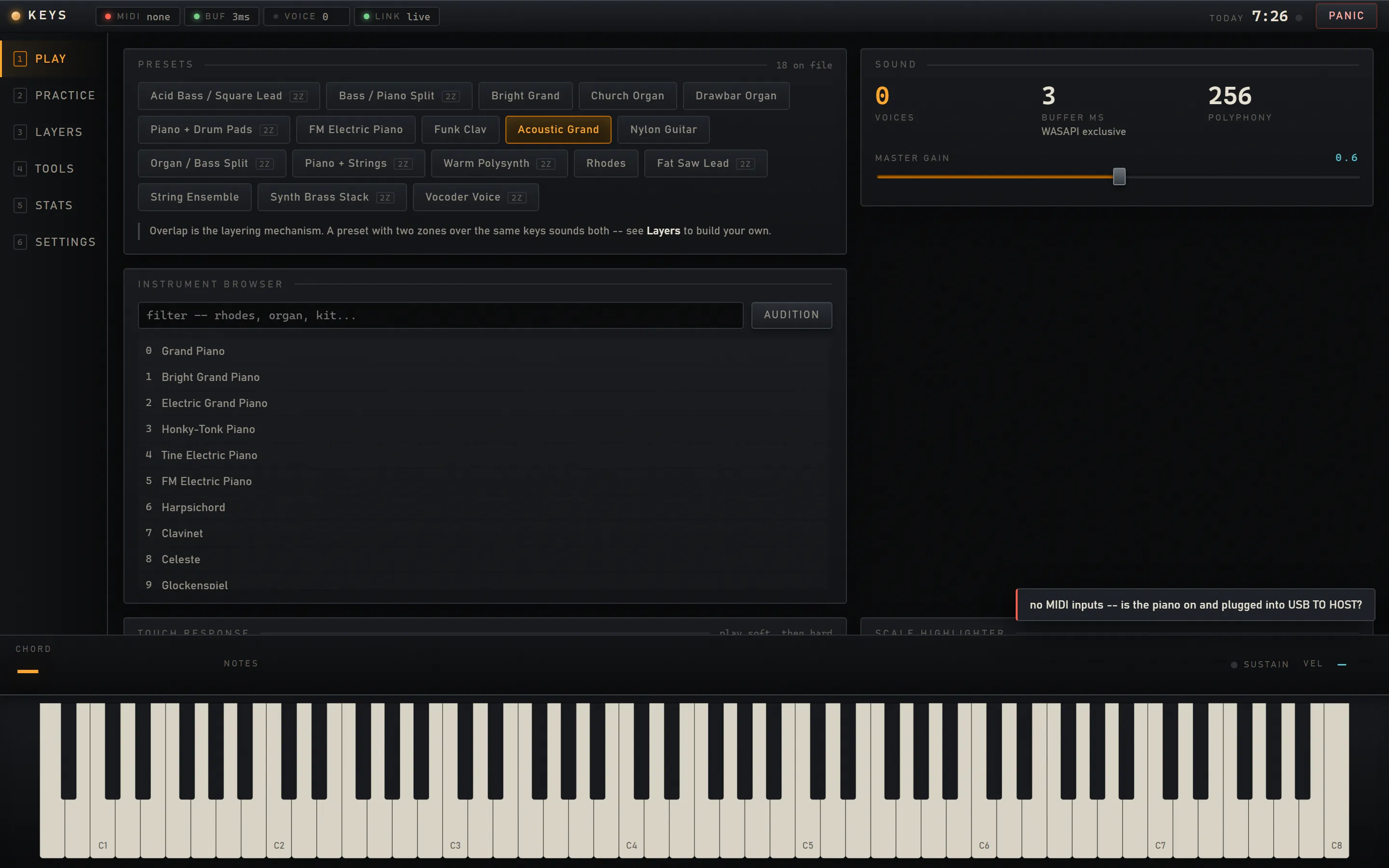 The Keys Play view: a shelf of presets, an instrument browser, a sound panel showing a 3 millisecond buffer in WASAPI exclusive mode, and an 88 key keyboard along the bottom.