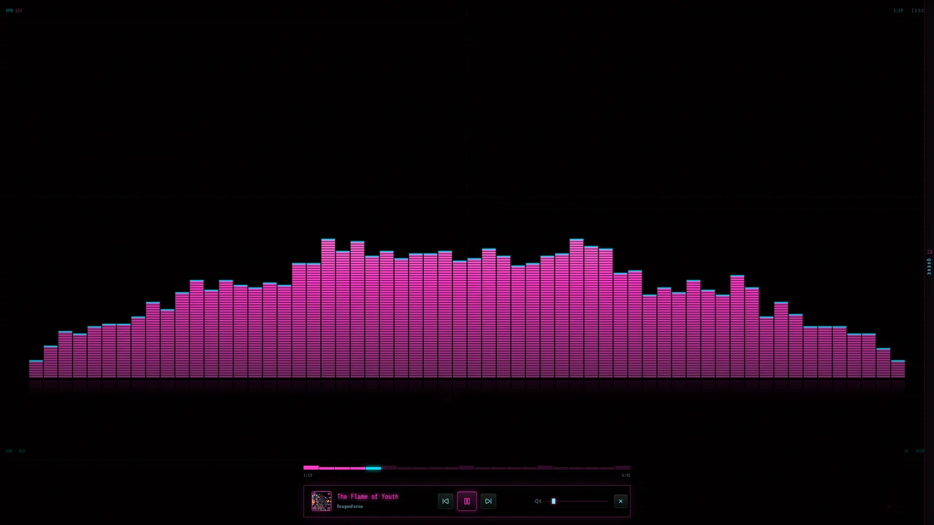 The TerraPlayer fullscreen visualizer: a wide spectrum of magenta bars above a small player bar with transport controls.