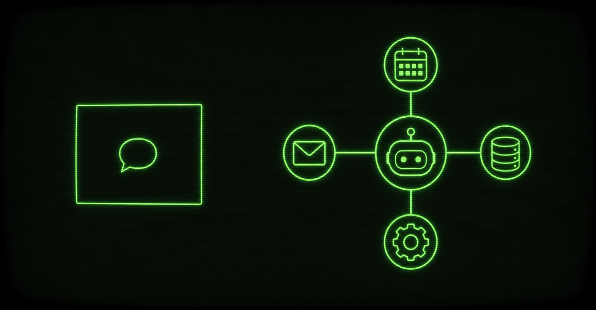 A scripted chat window beside an AI agent wired into a calendar, inbox, and tools