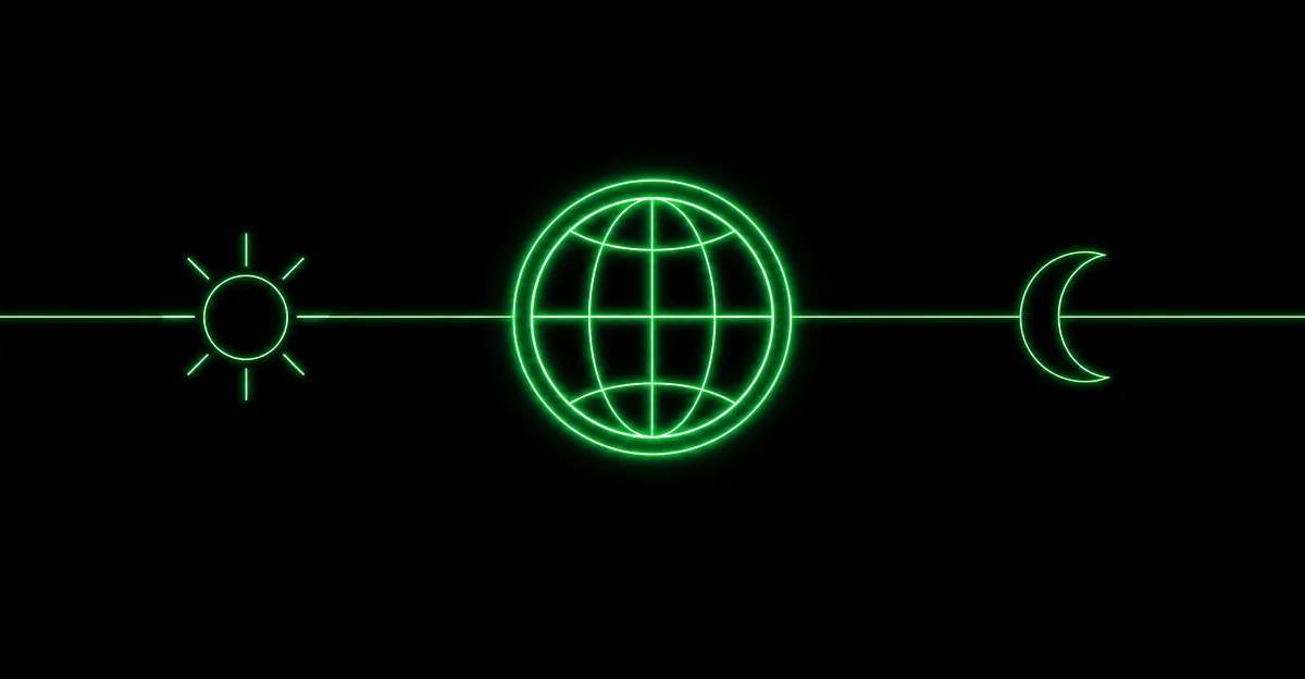 Neon-green line art on black: a sun, a globe, and a crescent moon spaced along a single glowing line, with the central globe brightest, standing in for OpenAI's Sol, Terra, and Luna tiers with the middle one emphasized