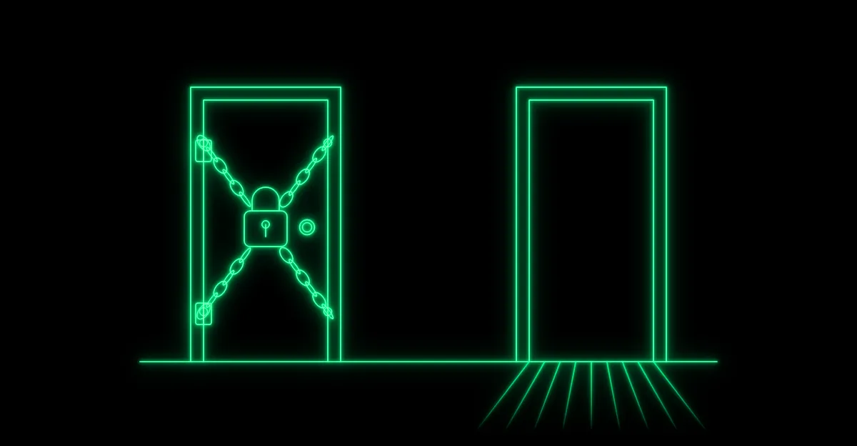 The same doorway drawn twice in neon line art: on the left its inside face is crossed by chains and held by a padlock, on the right its outside face is an empty frame with no lock and no handle, light spilling through it onto the floor