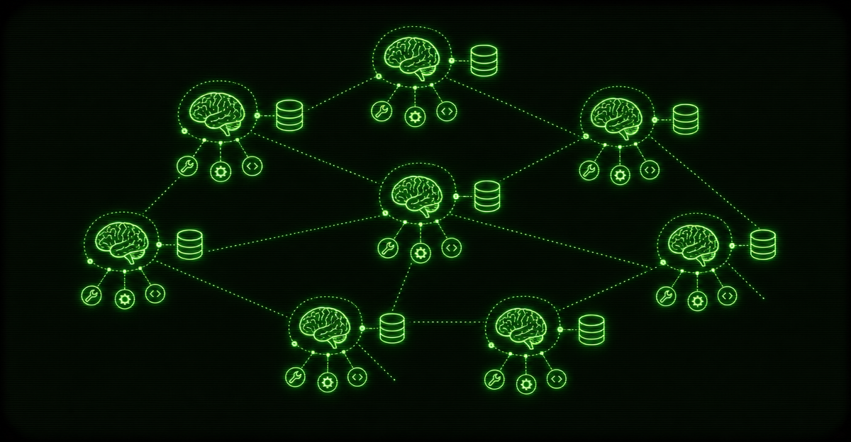 A grid of isolated AI brains connected to separate business tools across multiple servers