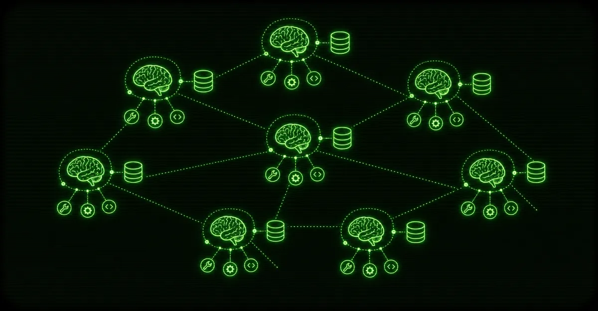A grid of isolated AI brains connected to separate business tools across multiple servers