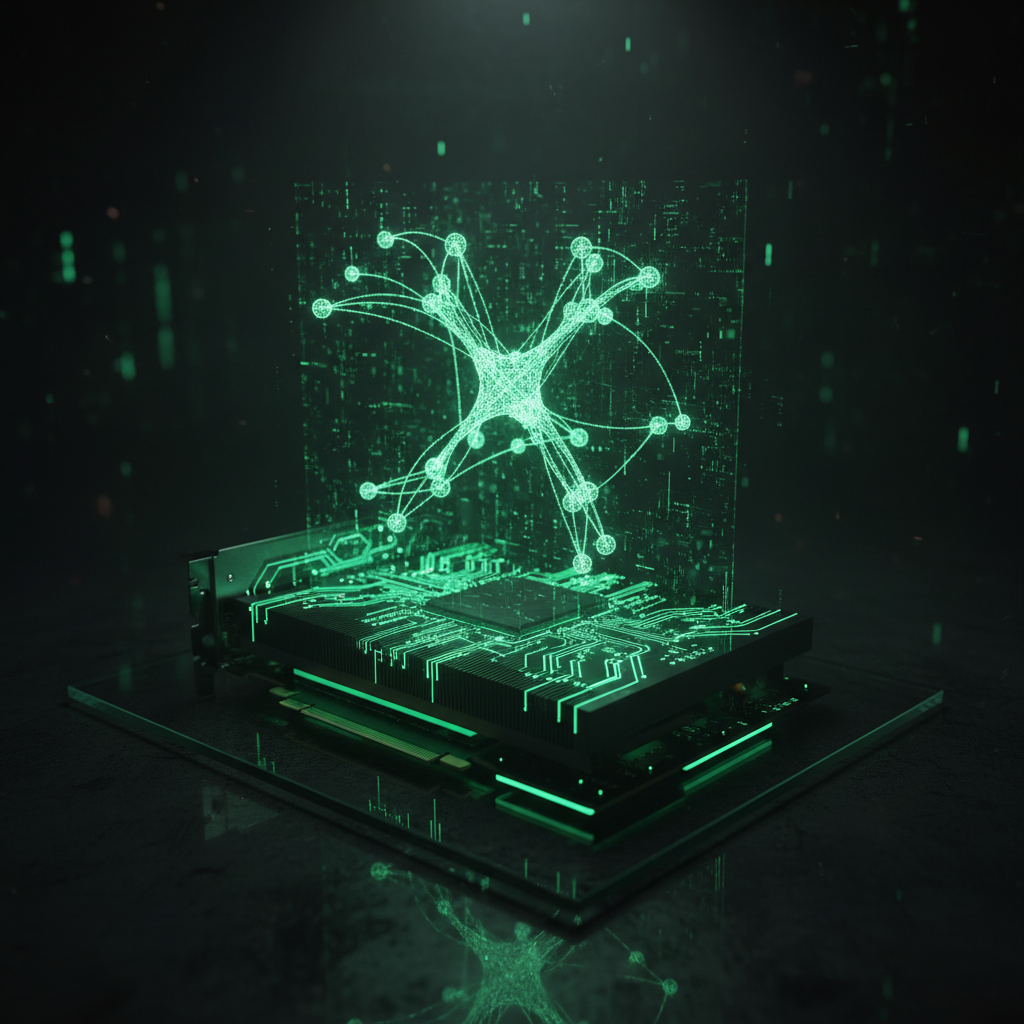 A GPU glowing with neural network patterns