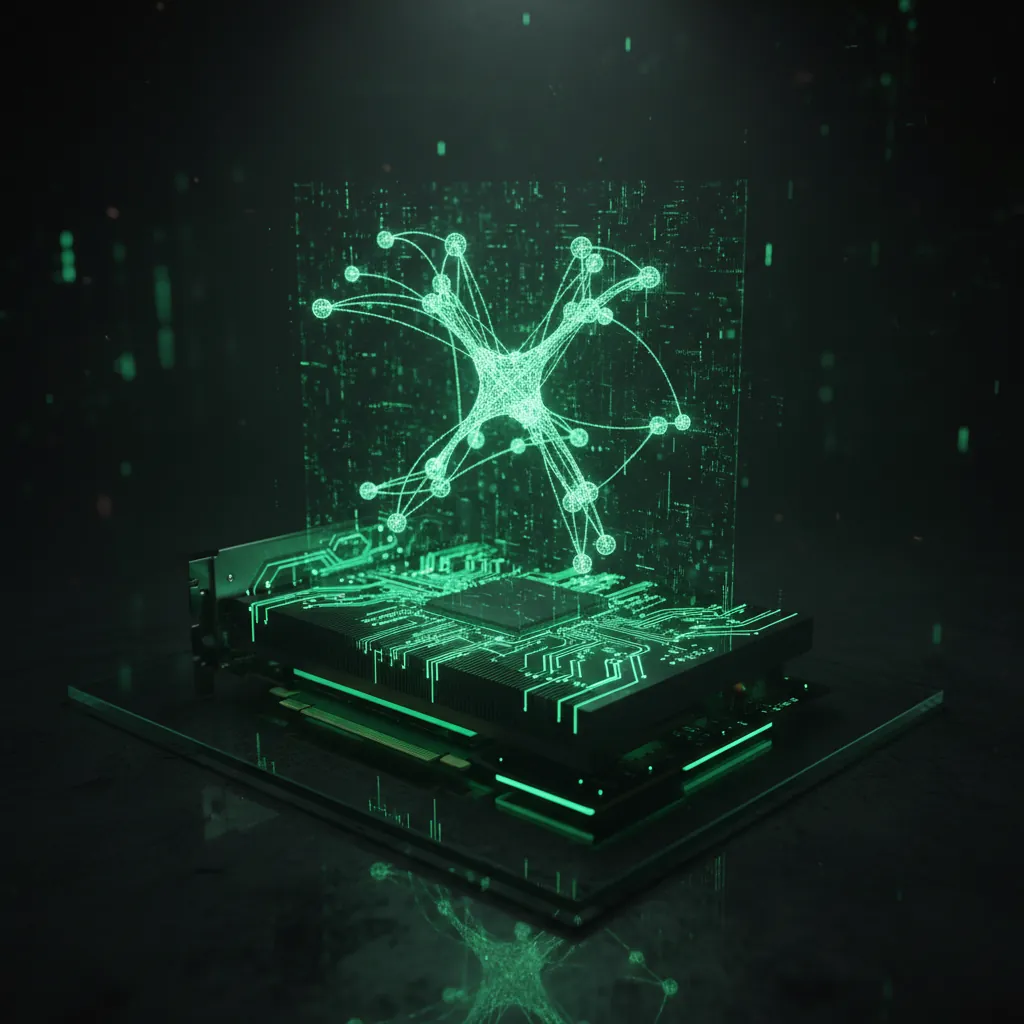 A GPU glowing with neural network patterns
