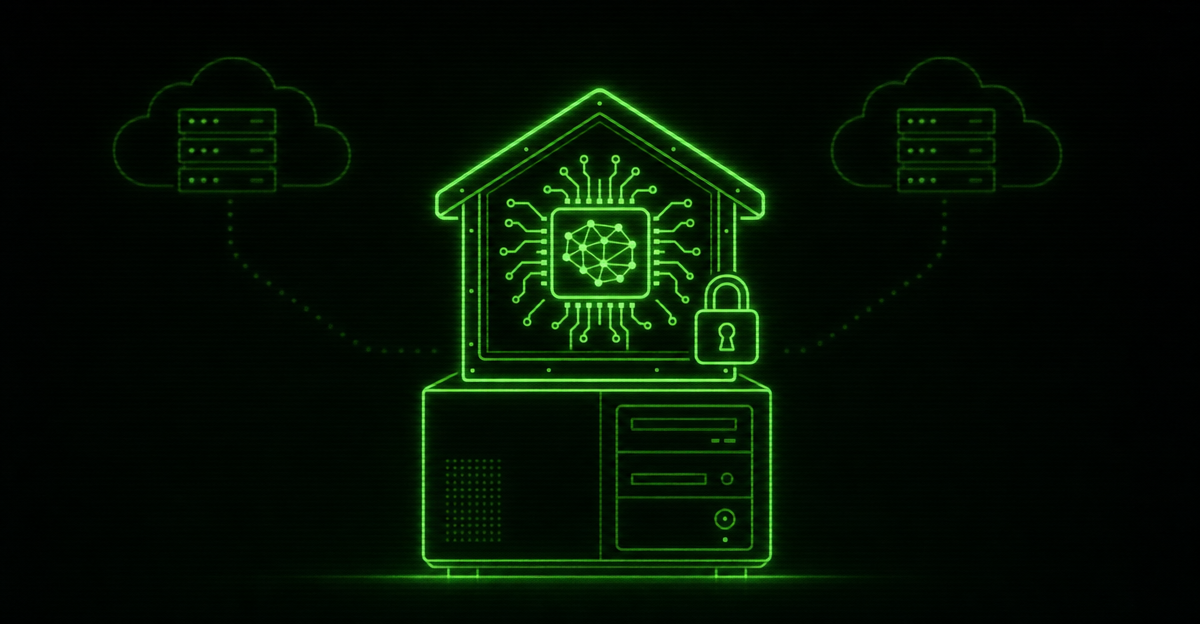 A laptop running a local AI model beside a padlocked cloud, representing owned versus rented AI