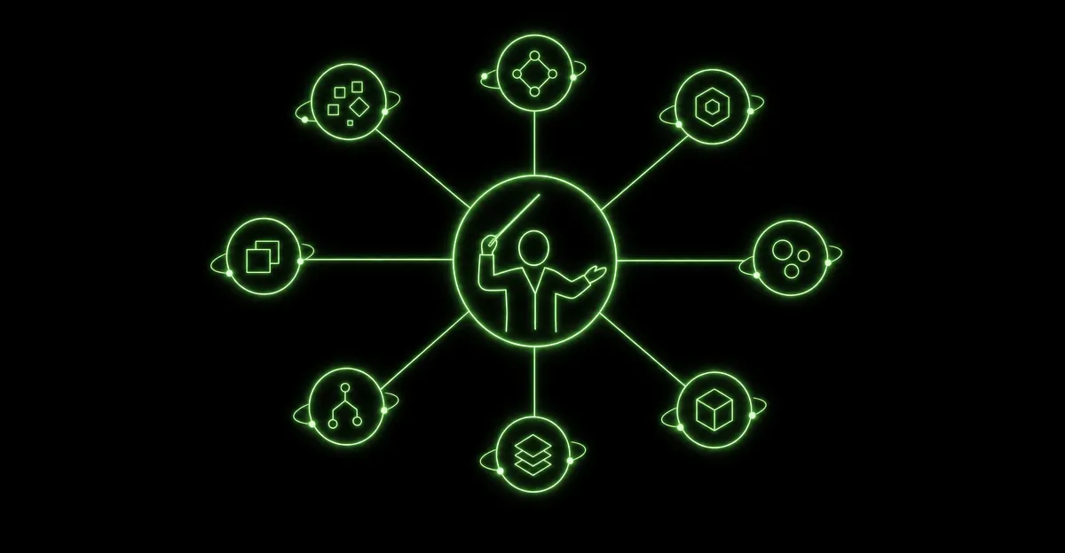 An illustration of a conductor's baton in front of an orchestra where each musician is a glowing AI model, representing an orchestration model