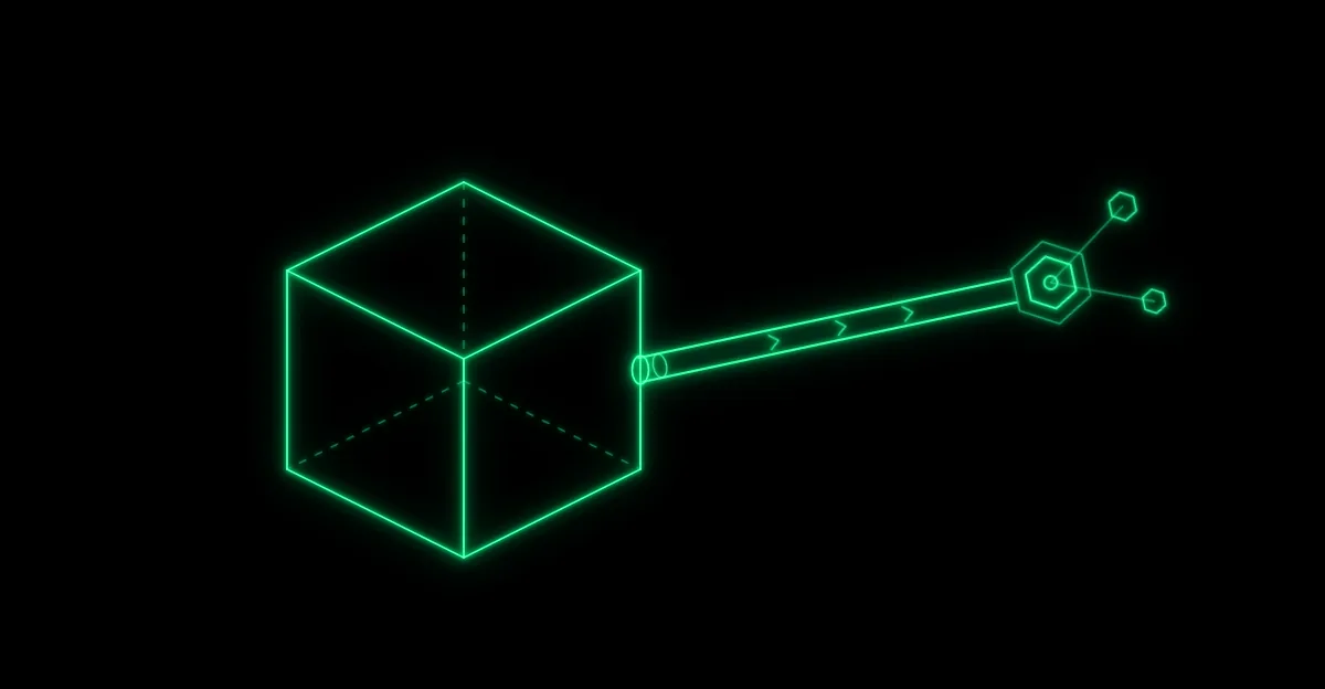 A sealed wireframe cube drawn in neon line art with one narrow conduit running out through its wall to a small cluster of nodes outside it