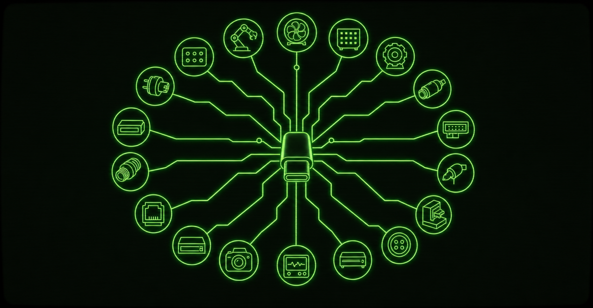 A USB-C cable connecting an AI model to a calendar, a document, and a database, illustrating the Model Context Protocol