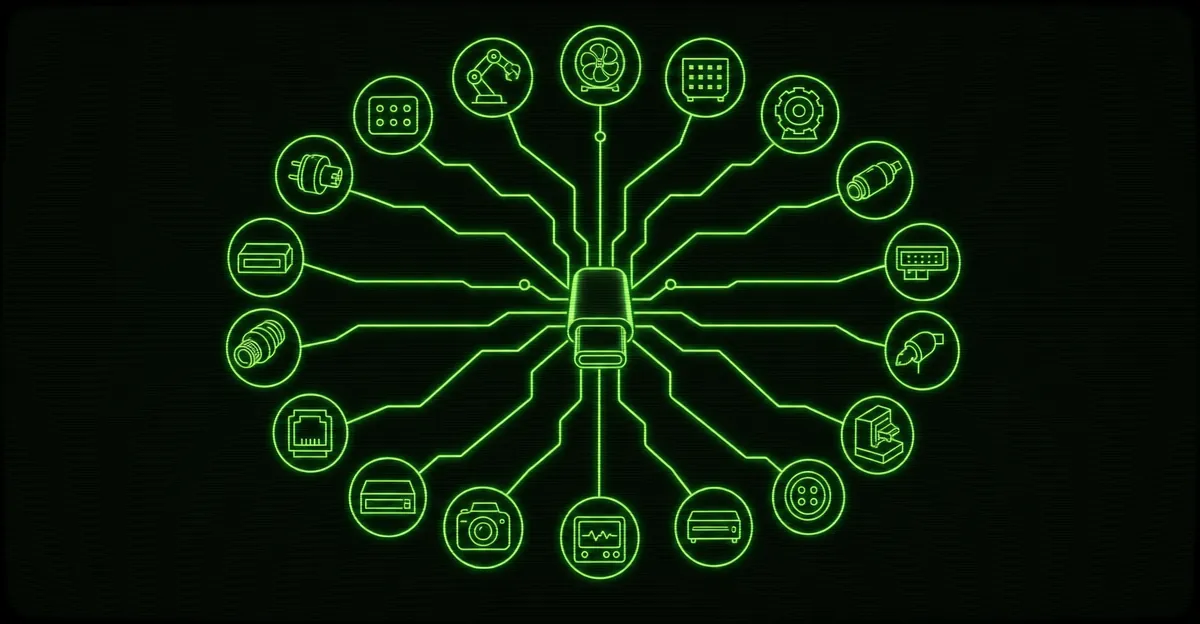 A USB-C cable connecting an AI model to a calendar, a document, and a database, illustrating the Model Context Protocol