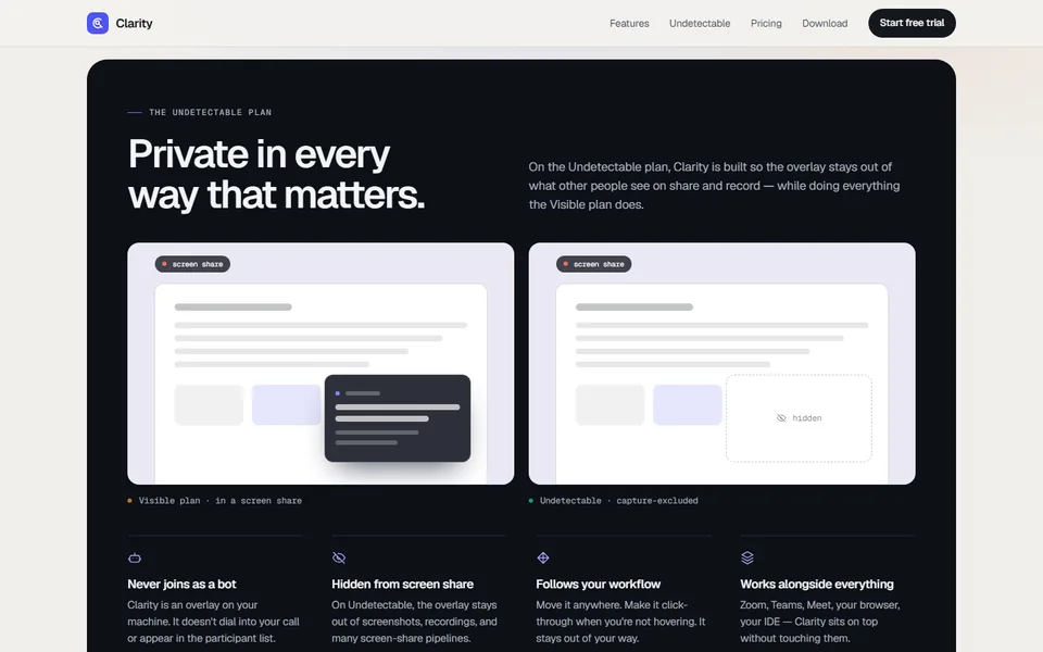 Privacy feature section of a desktop software product site