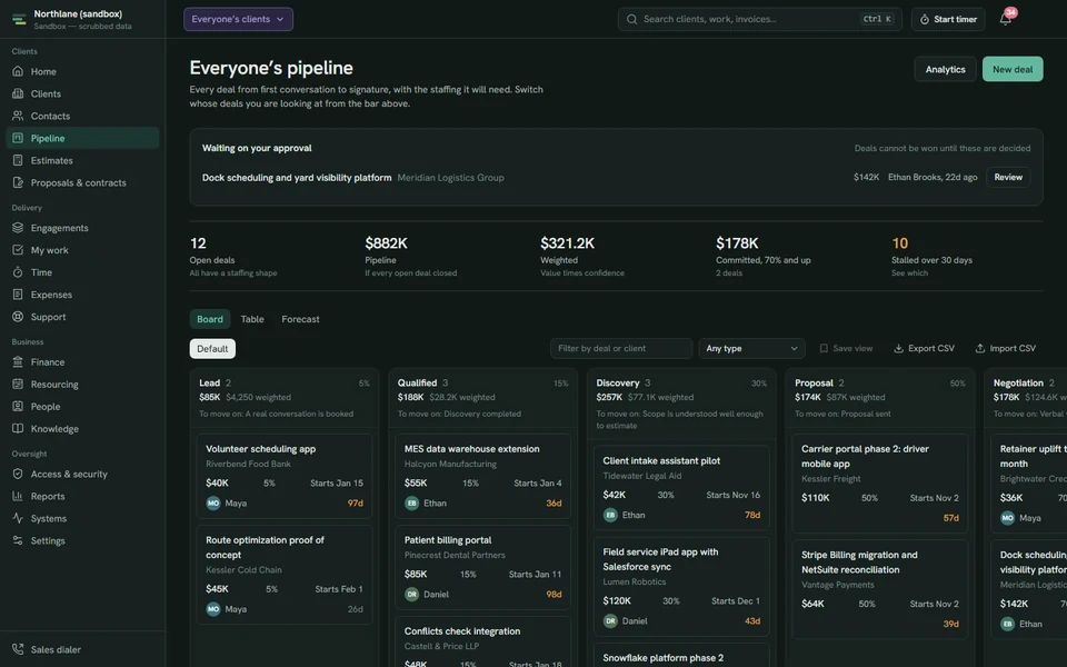 Sales pipeline board with deal cards by stage in a business operations app