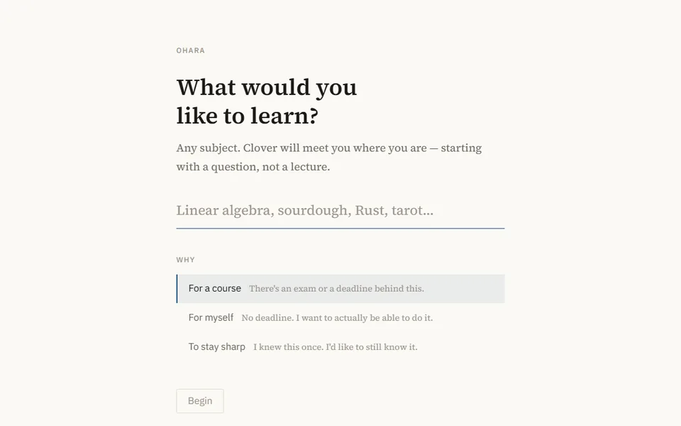 Start screen of an AI tutoring web app